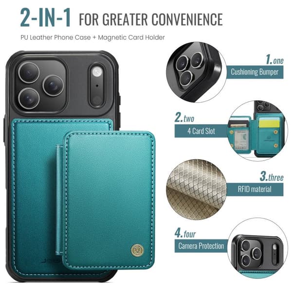 iPhone 18 Pro Max / iPhone 17 Pro Max Skal läderfodral JEEHOOD Business Magnetisk Stil RFID Blågrön