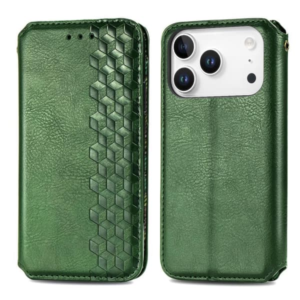 iPhone 18 Pro Max / iPhone 17 Pro Max Skal läderfodral med kubisk rutnätsdesign och magnetisk stängning Grön