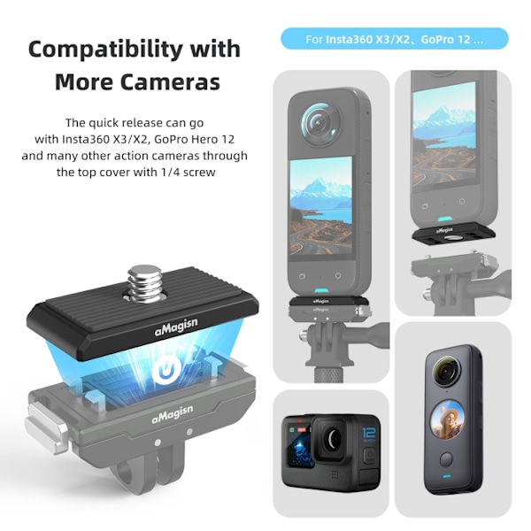 AMagisn Metall Magnetisk Snabbkoppling + Topplock, För Insta360 Ace / Ace Pro / X3 / X2 / GoPro HERO12 Black