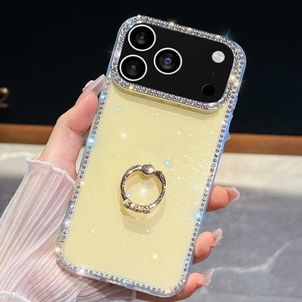 iPhone 18 Pro / iPhone 17 Pro Skal med Rhinestone Glitter och Ringhållare, Stötsäker Ljusgul