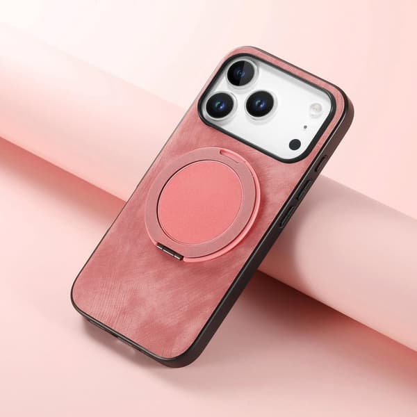 iPhone 18 Pro Max / iPhone 17 Pro Max Retro Läder Rotations Rund Skal Rosa