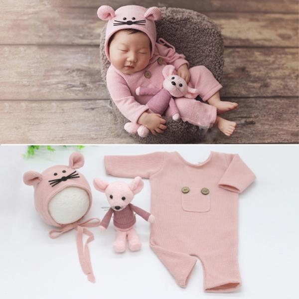Nyfödd Fotografering Kläder Baby Stickad Overall + Mössa + Musdocka Tredelad Set Rosa