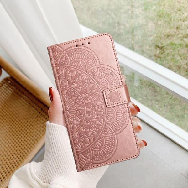 iPhone 17 Pro Max Skal Läderfodral med Blomsterprägling Roséguld