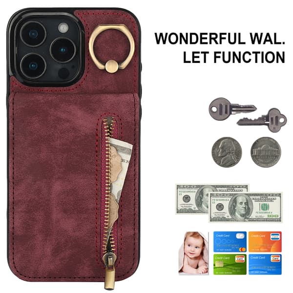 iPhone 16 Pro Retro Ring och Zipper RFID Kortfack Skal Vinrött