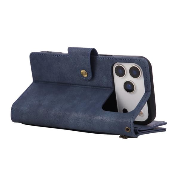 iPhone 18 Pro / iPhone 17 Pro Skal läderfodral med Rivet Spänne för 9 Kort och Tredelad Design Blå