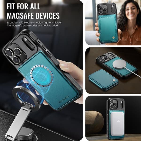 iPhone 18 Pro Max / iPhone 17 Pro Max Skal läderfodral JEEHOOD Business Magnetisk Stil RFID Blågrön