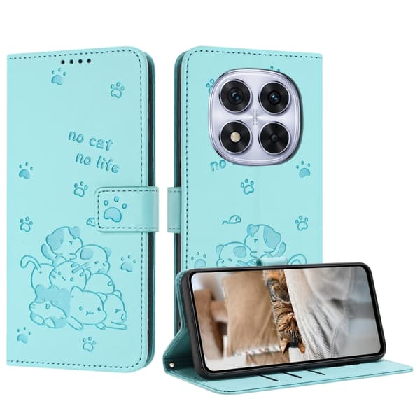 Redmi Note 14 Pro 5G - Prägad Katt Mobilskalsfodral med Rem Mintgrön