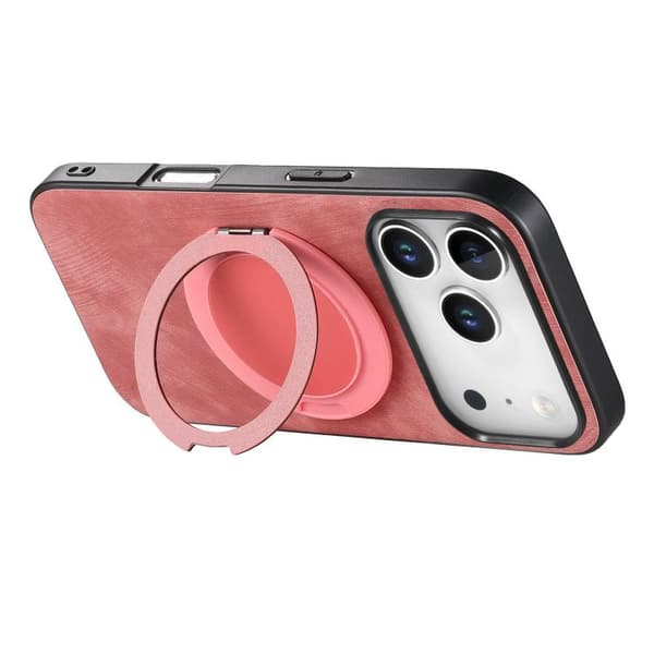 iPhone 17 Pro Retro Läder Rotations Rund Skal Rosa