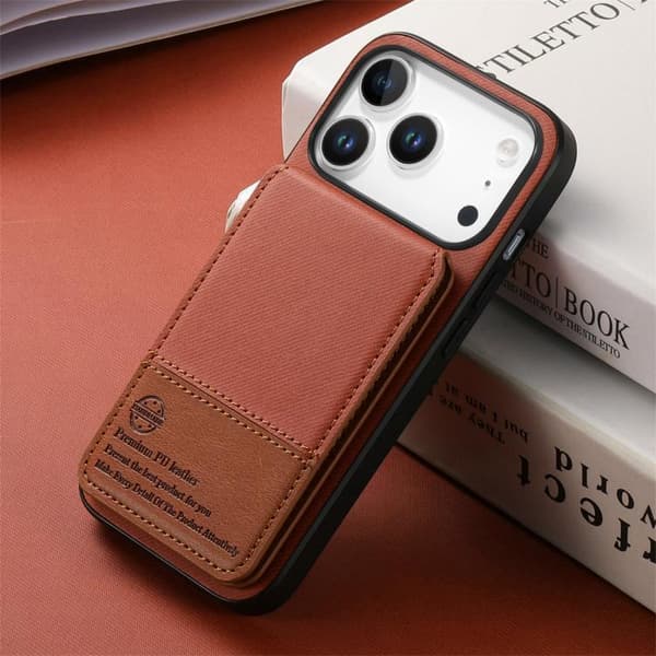 iPhone 18 Pro Max / iPhone 17 Pro Max Skal - Twilltyg Läder Vertikal Flip RFID Kortväska Brun