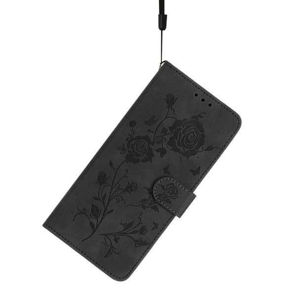 iPhone 18 Pro / iPhone 17 Pro Skal läderfodral med rosblomma präglat mönster Svart