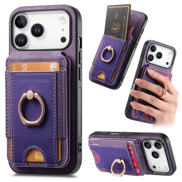 iPhone 18 Pro / iPhone 17 Pro Skal läderfodral med retro delbart magnetiskt ställ och kortficka Purpur