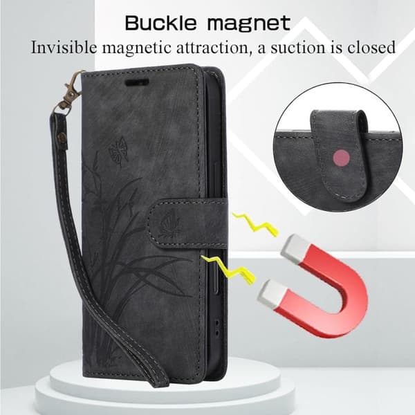 iPhone 18 Pro Max / iPhone 17 Pro Max Skal Läderfodral med Orkidéfjäril Prägling Svart