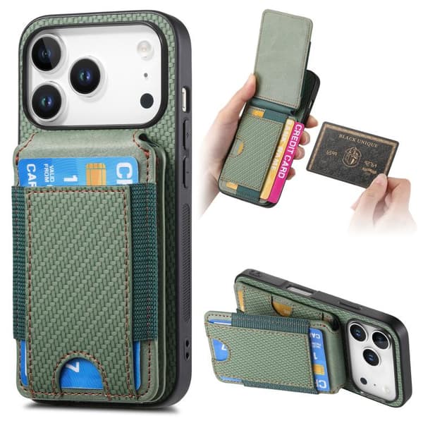 iPhone 18 Pro Max / iPhone 17 Pro Max Skal - Kolfiber med Vertikal Flip och Ställfunktion Grön