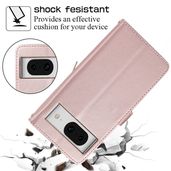 för Pixel 8a Rhombic Fodral i Läder med Full Dragkedja Roséguld