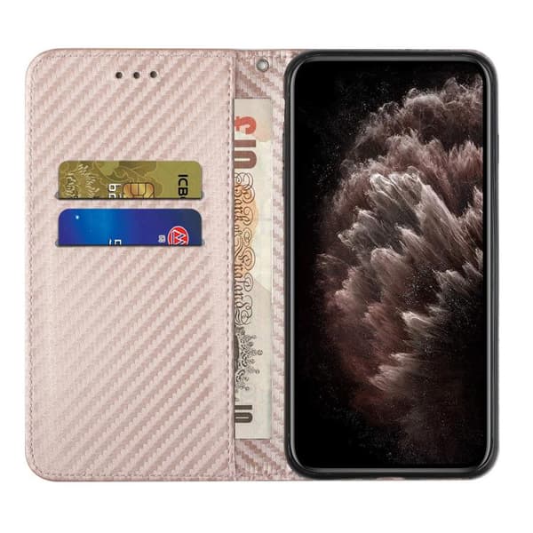 Redmi Note 14 5G - Magnetisk Flip Läderfodral med Kolfibertextur Roséguld
