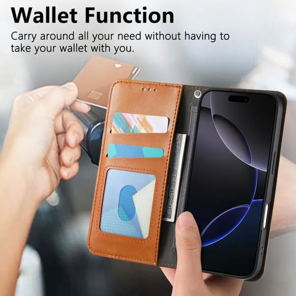 iPhone 17 Skal Läderfodral med Elastisk Handledsrem och Magnetisk Sugfunktion Brun