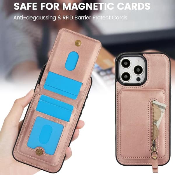 iPhone 16 Pro Zipper Wallet Split MagSafe Läder Fodral Skal Roséguld