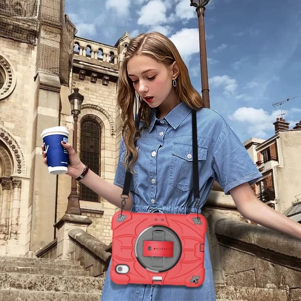 iPad mini 6 / mini 2024 Bat Hand Grip Turntable Skal - Läderfodral Röd Svart
