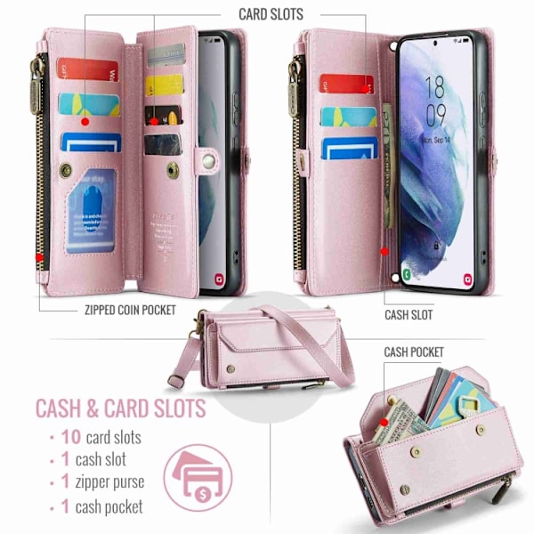Samsung Galaxy S21+ 5G Skal CaseMe C36 med kortfack, dragkedja, RFID-skydd, läder Rosa