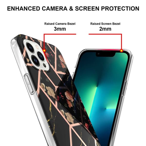 iPhone 16 Pro Skal med Splicing Marmor Blomma IMD TPU Design Svart blomma