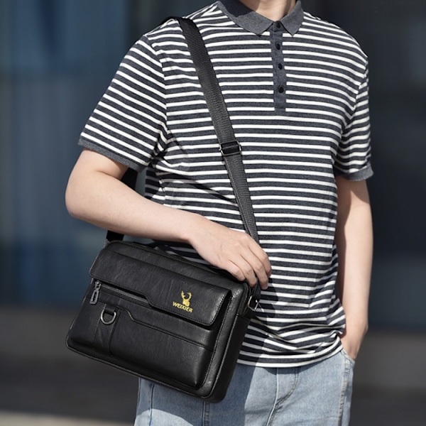 WEIXIER Herr Axelväska Retro Läder Laptop Business Casual Väska Horisontell svart