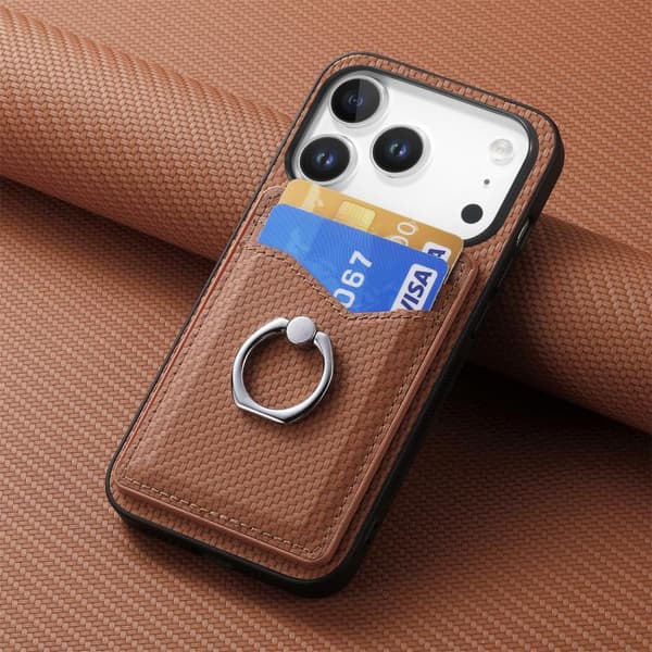iPhone 18 Pro / iPhone 17 Pro Carbon Fiber Kortplånbok Ring Skal Brun