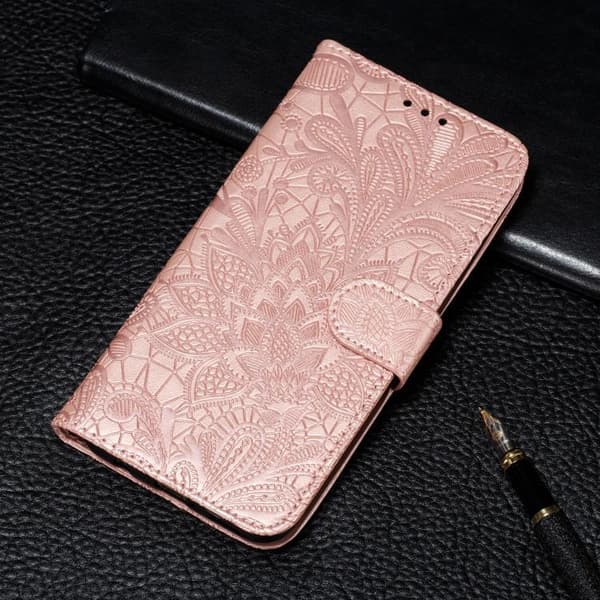 iPhone 18 Pro / iPhone 17 Pro Skal läderfodral med spetsblommor och präglad design Roséguld