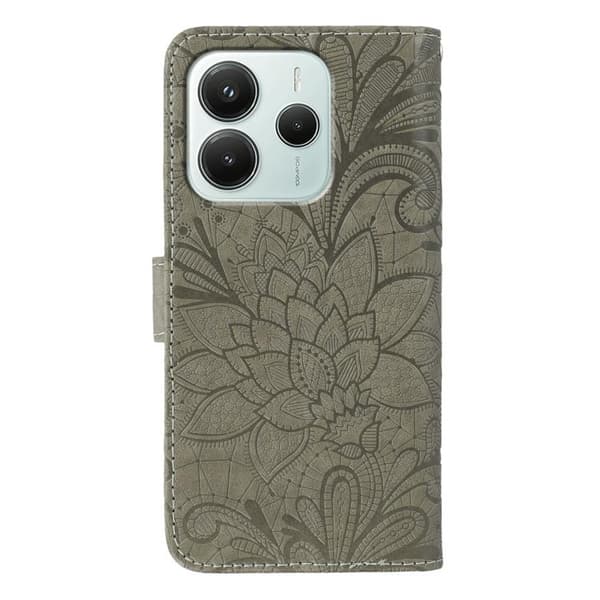 Redmi Note 14 4G - Flip Leather Fodral med Blommönster och Prägling Global Grå