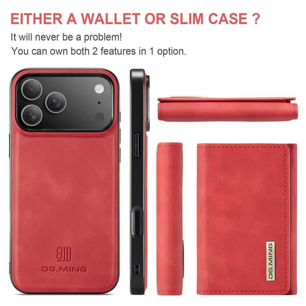 iPhone 18 Pro Max / iPhone 17 Pro Max Skal läderfodral DG.MING M1 Series 3-Fold Multi Card Wallet Röd