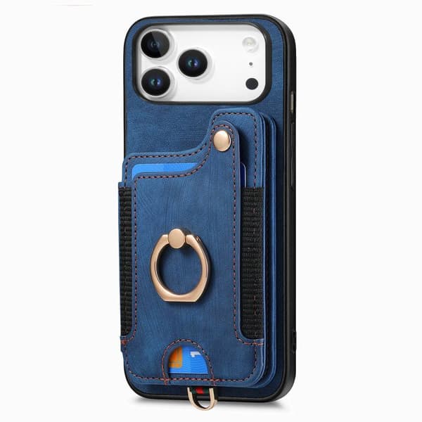 iPhone 18 Pro Max / iPhone 17 Pro Max Retro Skinnkänsla Ring Multi-kort Skal Blå