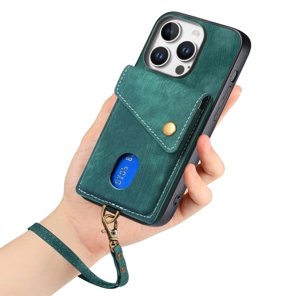 iPhone 16 Pro Retro Kortplånbok Fodral Läder med Rem - Skal Grön