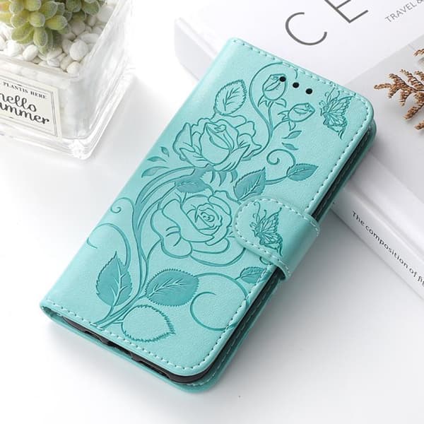 iPhone 18 Pro Max / iPhone 17 Pro Max Skal Läderfodral med Rosafärgad Fjäril Prägling Grön