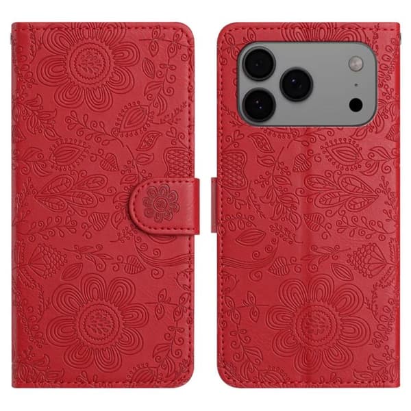 iPhone 18 Pro / iPhone 17 Pro Skal läderfodral med blommönster - relief Röd