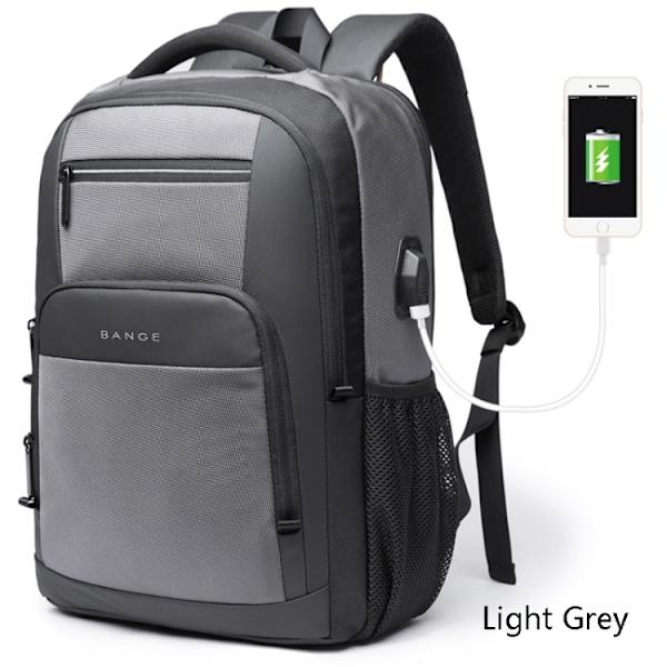 BANGE BG-1921 College Student Skolväska Vattentät Business Datorryggsäck med Extern USB Laddningsport Ljusgrå