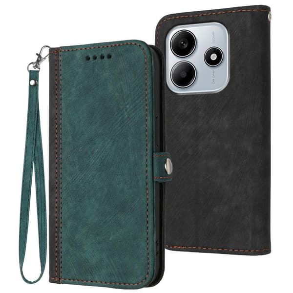 Redmi Note 14 4G - Läderfodral med Sidobuckle och Dubbelvikts Handrem, Mörkgrön