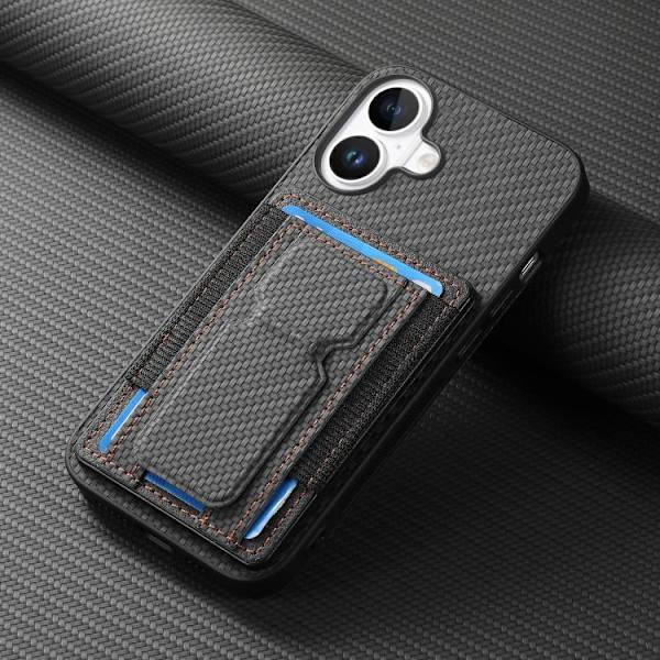 iPhone 17 Skal - Kolfiber med Fällbart Ställ och Elastisk Kortficka Svart