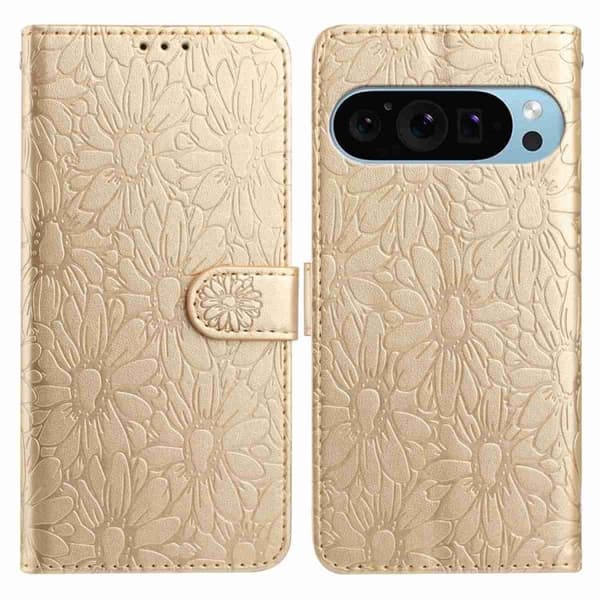 för Pixel 10 Pro Fodral i Daisy Prägling Läder Guld