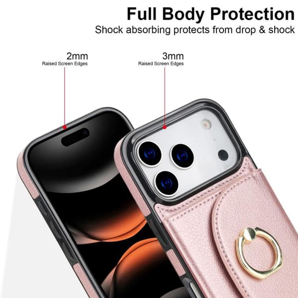 iPhone 18 Pro Max / iPhone 17 Pro Max Skal med Ringhållare och Kortficka, Skinnkänsla Roséguld