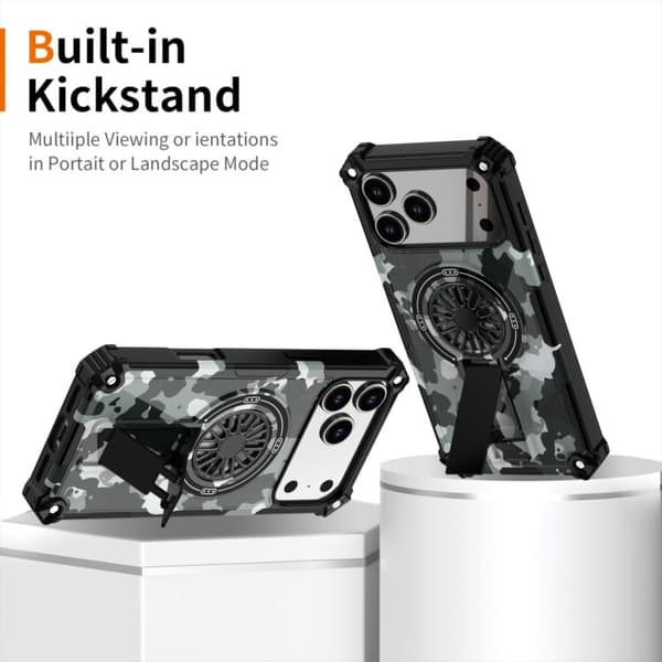 iPhone 18 Pro / iPhone 17 Pro Camouflage Kickstand Rotating Shaft MagSafe Skal Grå kamouflage