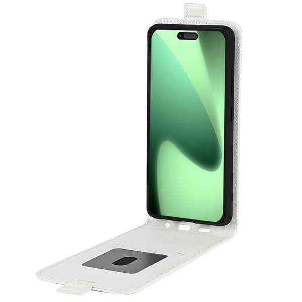 iPhone 17 Pro Max Skal Läderfodral med R64 Textur och Vertikal Flip Vit