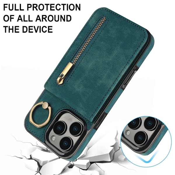 iPhone 16 Pro Retro Ring och Zipper RFID Kortfack Skal Blå
