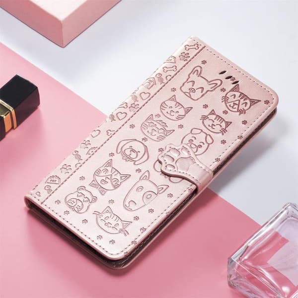 iPhone 18 Pro Max / iPhone 17 Pro Max Skal läderfodral med präglade katter och hundar Roséguld