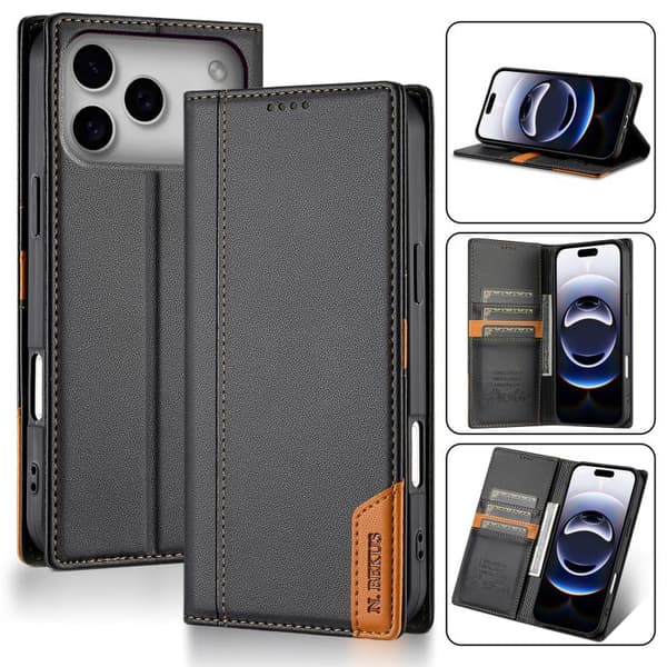 iPhone 18 Pro Max / iPhone 17 Pro Max Skal läderfodral N.BEKUS P3 RFID med magnetisk flip Svart