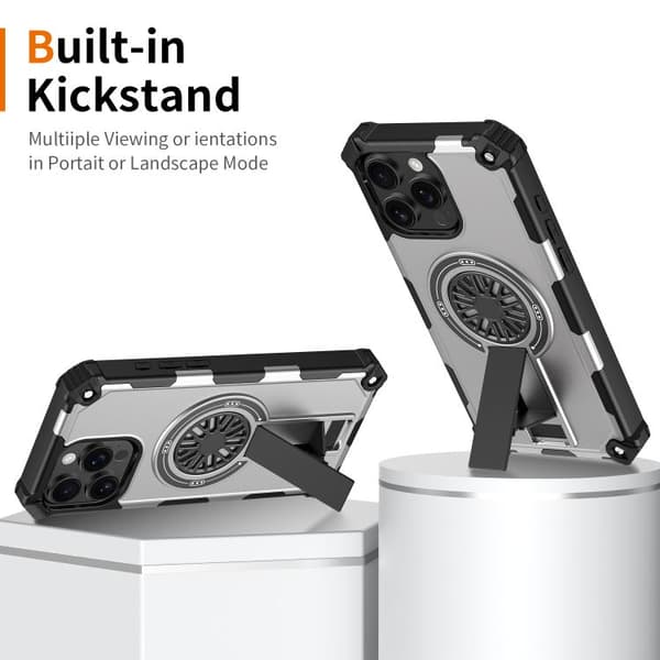 iPhone 16 Pro Max Shockproof Kickstand Metallic Shaft MagSafe Skal Silver
