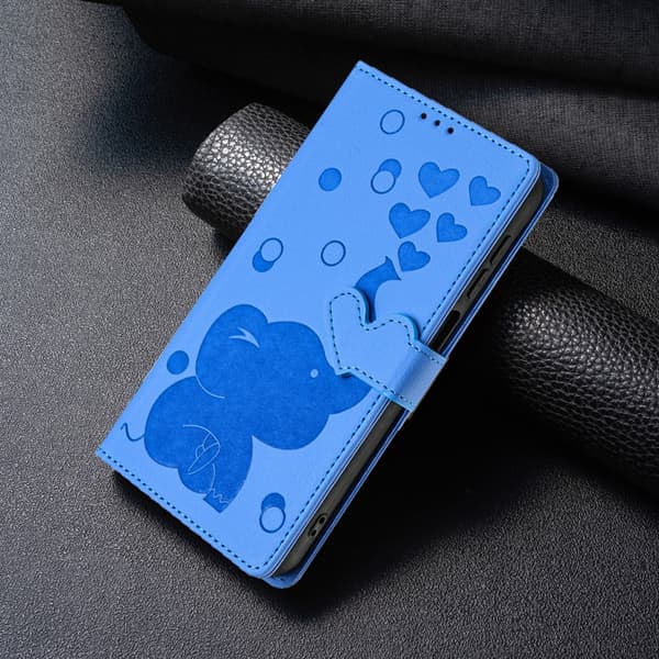 iPhone 16 Pro Cartoon Elephant Embossed Fodral - Skal Läder Blå