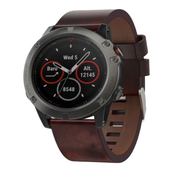 För Garmin Fenix ​​5X Sapphire 26mm Läder Stål Spänne Watch Band Brown