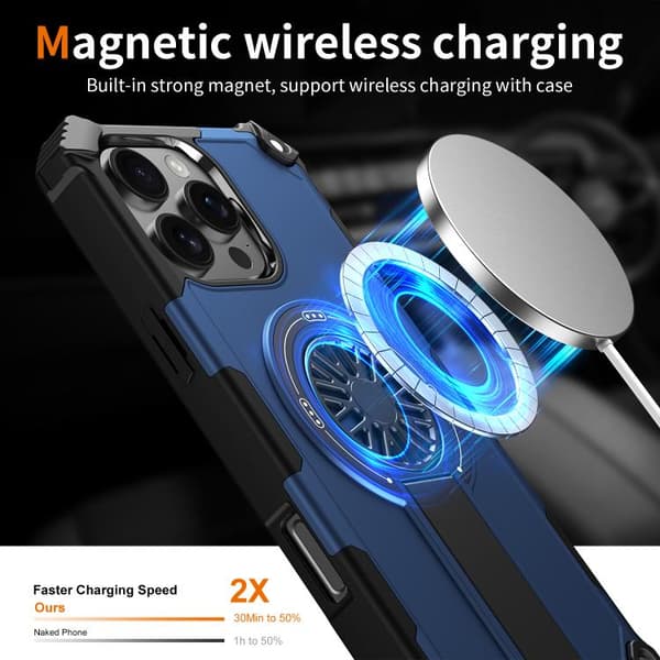 iPhone 16 Pro Shockproof Kickstand Metallic Shaft MagSafe Skal Blå