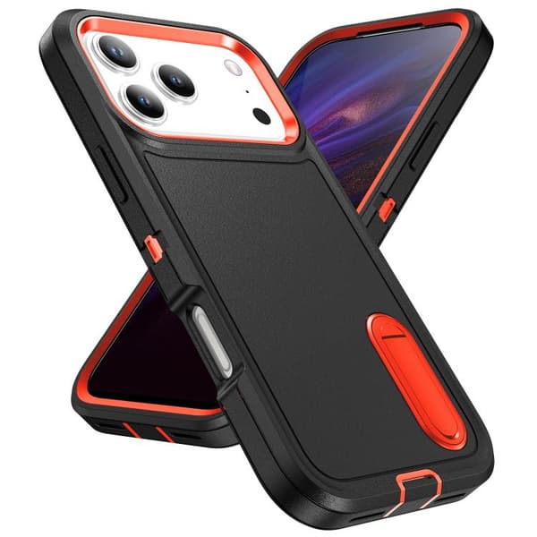 iPhone 17 Pro Max Skal - robust PC + silikon med hållare Svart + Orange