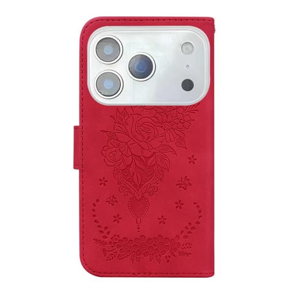 iPhone 18 Pro / iPhone 17 Pro Skal Läderfodral med Embossed Butterfly Rose Röd
