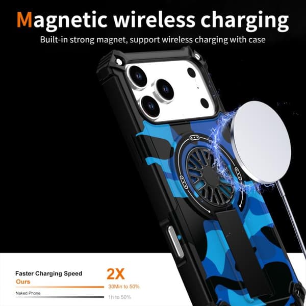 iPhone 18 Pro / iPhone 17 Pro Camouflage Kickstand Rotating Shaft MagSafe Skal Blå kamouflage